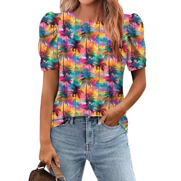 GaThRRgYP Women's Summer Short Sleeve Tops for Daily Wear,Women's Crew-neck Pleated Short-sleeved Pullover Casual Print Loose Top Multicolor XXL