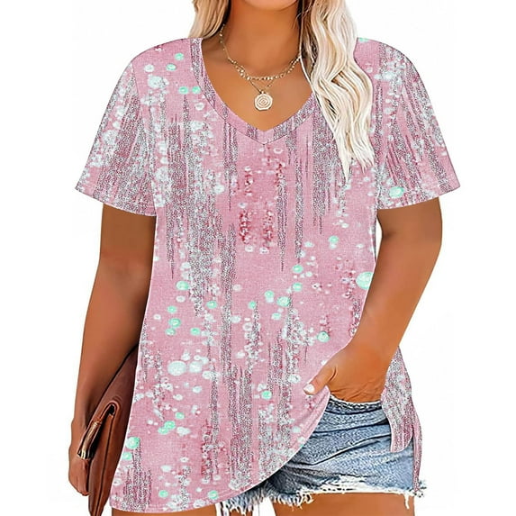 GaThRRgYP Women's Summer Short Sleeve Tops for Fashionistas,Women's Plus Size V-neck Printing Short Sleeve Solid Color Summer Base T-shirt Pink XXXL