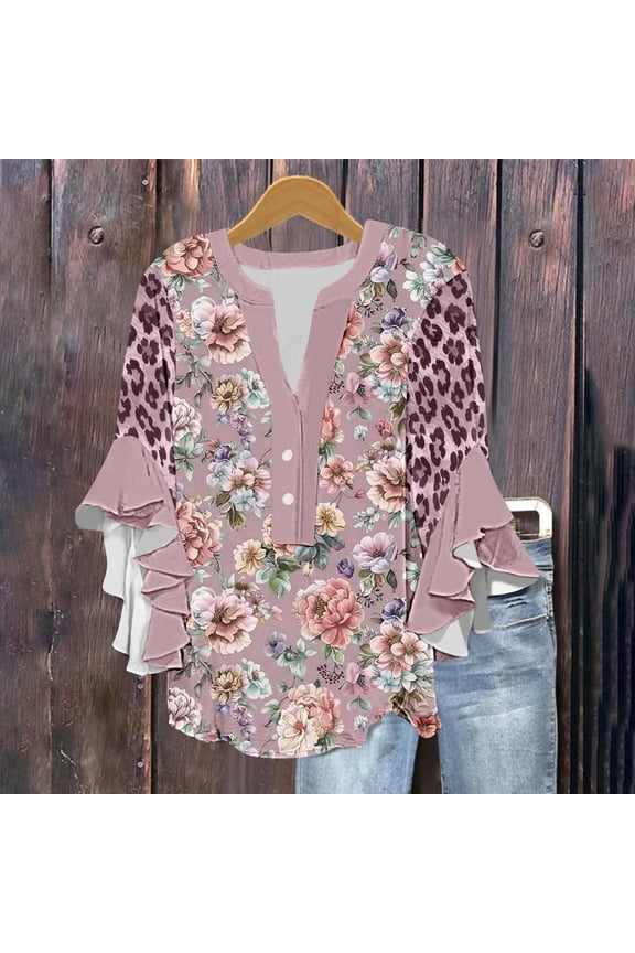 Black*Friday Discounted Items under $5 GaThRRgYP Women's Summer Short Sleeve Tops for Vacation,Women's New 3/4 Lace Sleeve V-neck Button Casual Print Loose Top Multicolor S