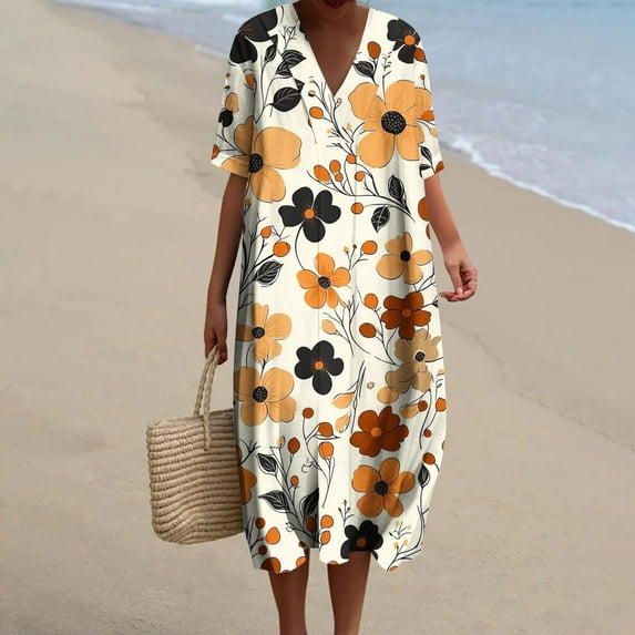 Black*Friday Discounted Items under $5 GaThRRgYP Yoga-Friendly Short Sleeve V-Neck Dress-Stretchy,Womens Summer Pockets Printing Dresses Loose V-Neck Short Sleeve Dresses Orange XXL