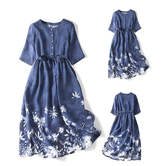 GaThRRgYP Women's Summer Short Sleeve,Women's Elastic Waist Loose and Comfortable Solid Color Doll Shirt Linen Dress Navy M