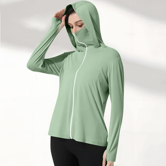 GaThRRgYP Women's Summer Sun Shield Coat for Running,Ladies Solid Color Long Sleeve Hooded Thumb Buckle Sun Protection Clothing Green L