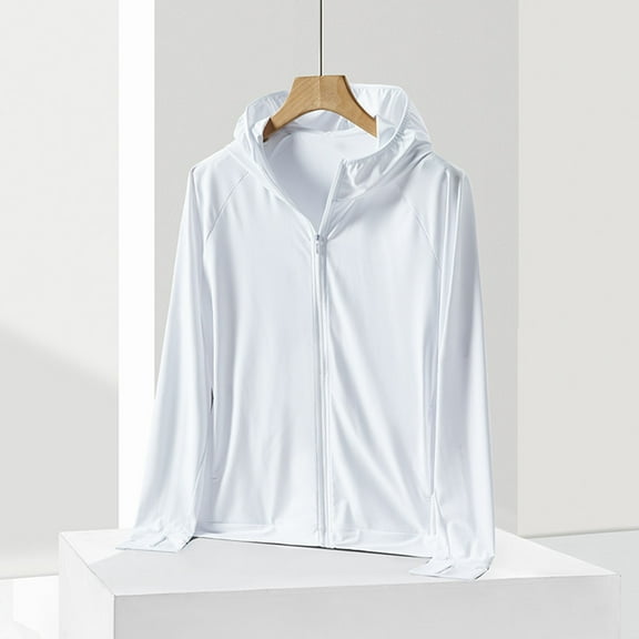 GaThRRgYP Women's Summer Sunscreen Jacket for Running,Woman Casual Solid Sports Hooded Long Sleeve Zipper Sun-proof High Elastic White L