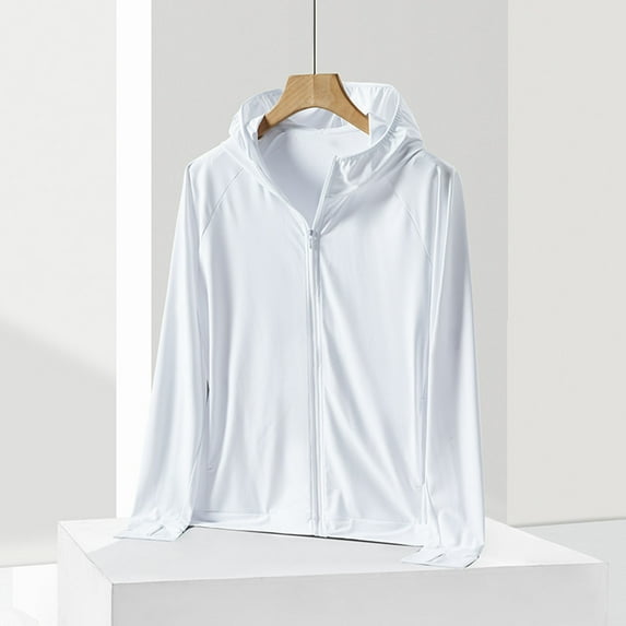 GaThRRgYP Women's Summer Sunscreen Jacket for Running,Woman Casual Solid Sports Hooded Long Sleeve Zipper Sun-proof High Elastic White L