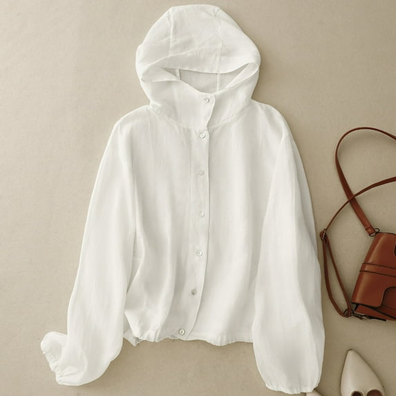 GaThRRgYP Women's Summer UV-Resistant Jacket for Hiking,Fashion Women's Summer Casual Solid Color Loose Long Sleeve Hooded Casual Outwear White M