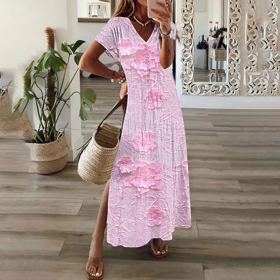 GaThRRgYP Women's Tiered Ruffle Short Sleeve Dress,Womens Spring and Summer V-Neck Solid Casual Short Sleeved Long Dress Pink M