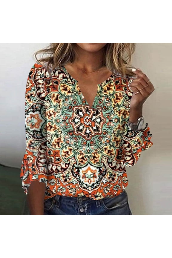 Plus Size Tops for Women,Plus Size T Shirts for Women,Women's Casual Printed Three-Quarter Sleeve V-Neck Flared Sleeve Top T-Shirt Shirt