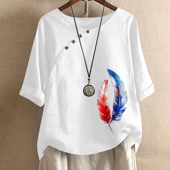GaThRRgYP Women's Tops Dressy Casual Summer Blouse,Women's Cotton and Linen Printed T-shirt for Slimming and Casual Personality Printing Top for Women's Clothing White L