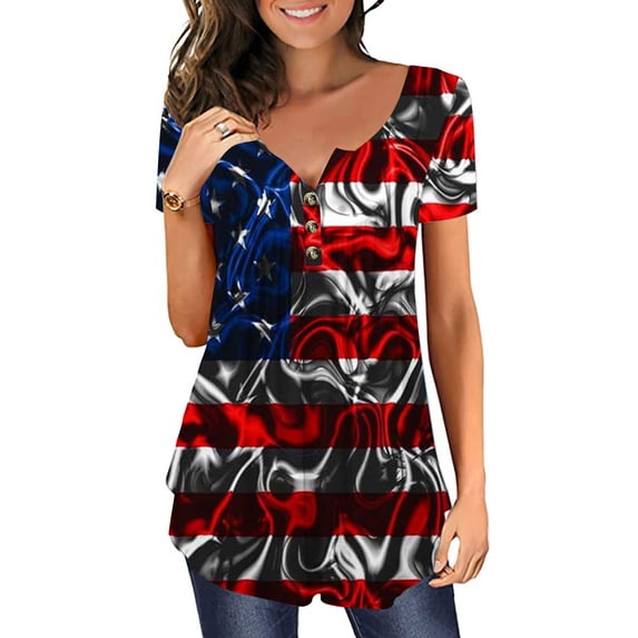 GaThRRgYP Women's Tops Dressy Casual Summer Blouse,Women's Independence Day Patriotic V-neck Button-down Meat Covered Short Sleeve Tops Dark Blue S