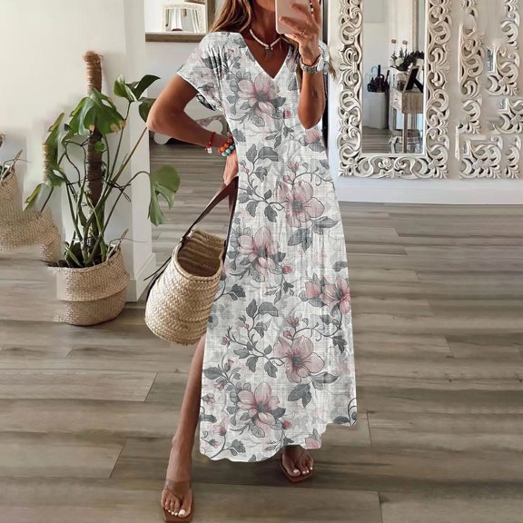 GaThRRgYP Women's V-Neck Summer Dress-Short Sleeves, Chic,Womens Spring and Summer V-Neck Solid Casual Short Sleeved Long Dress Gray XXXXXL