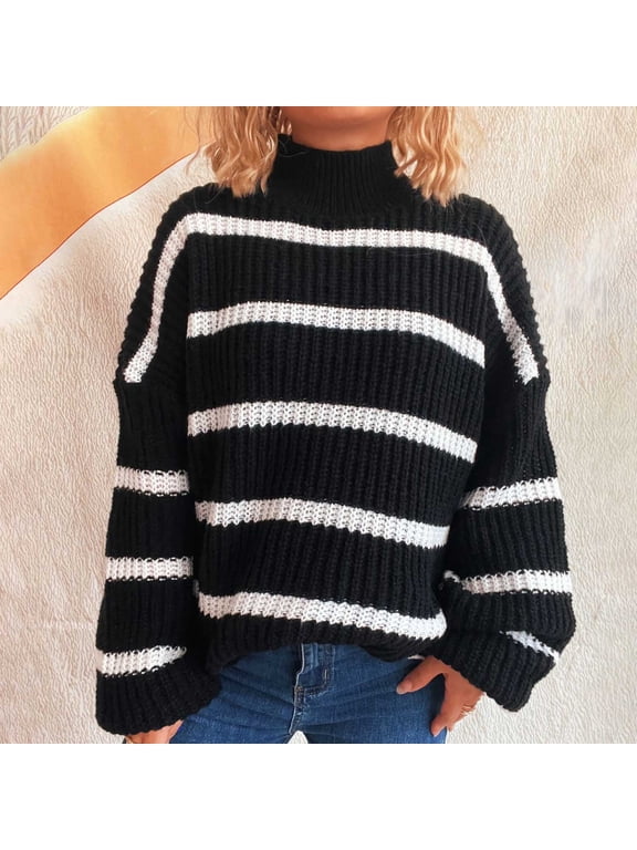Women's Winter Sweater Holiday Ready,Women's Long-sleeved Turtleneck Sweater with Striped Print Black XL