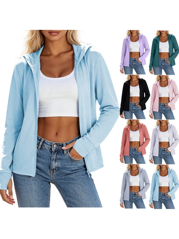 Womens Blazer 3/4 Sleeve Plus Size Women Solid Color Hooded Pocket Zip Sun Protection Casual Long Sleeve Top White XXL