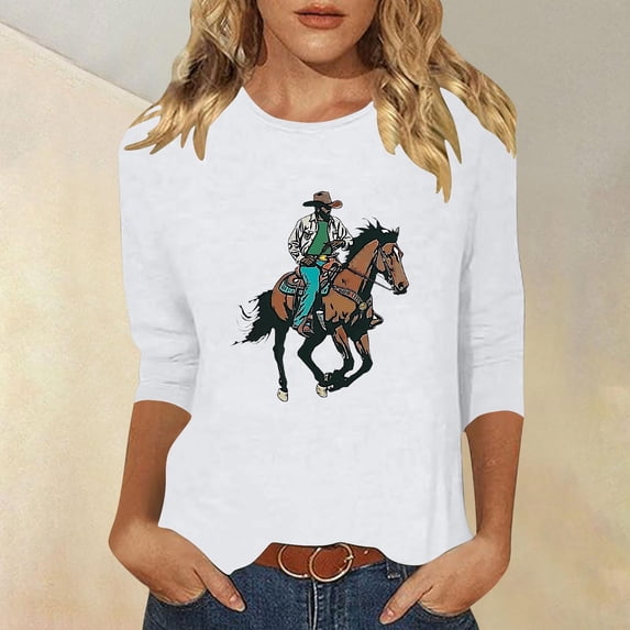GaThRRgYP Womens Blouse Long Sleeve,Hoodies for Women,Women's New 3/4 Sleeve Western Style Printed Casual Top T-shirt White L