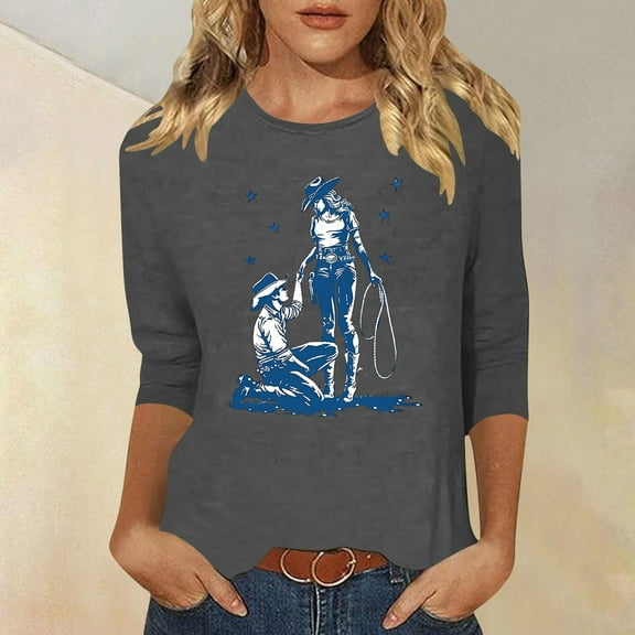 GaThRRgYP Womens Blouse Plus Size,2025 Fall Womens Tops Plus,Women's New 3/4 Sleeve Western Style Printed Casual Top T-shirt Gray XL