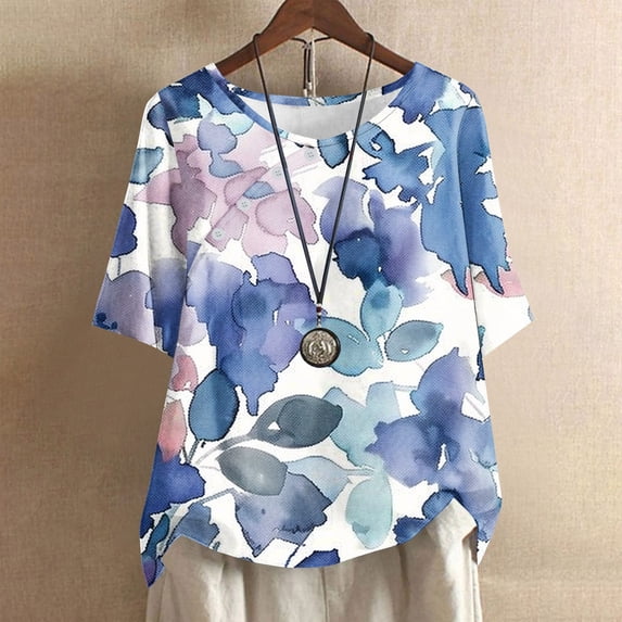 Clearance Items under $5 Black and Friday GaThRRgYP Womens Blousesunder $10,Womens Plus Size Tops Short Sleeve,Women's Casual Round Neck Button Printed Short Sleeve Blouse Blue XL