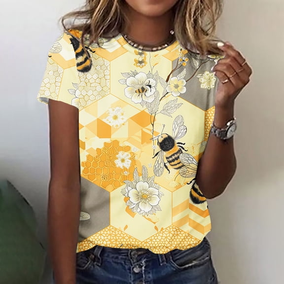 GaThRRgYP Womens Blouses under $10,Womens Summer Short Sleeve Tunic Tops,Women's Casual Round Neck Printed Short Sleeved Top Yellow M