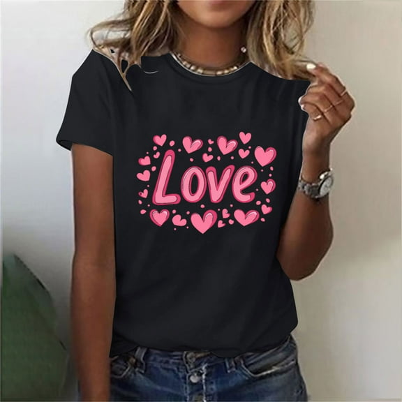 GaThRRgYP Womens Blouses Short Sleeve,Ladies' Valentine's Day Printed Round Neck Short Sleeved T-shirt Loose Casual Top Black XL