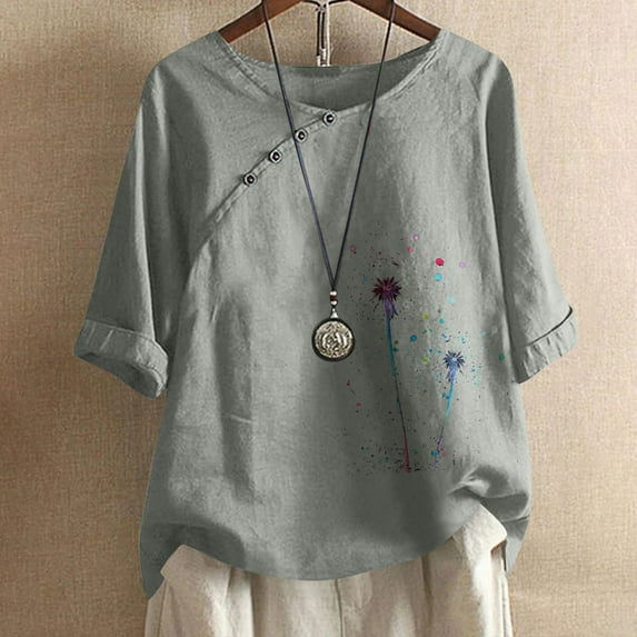 GaThRRgYP Womens Blouses Short Sleeve,Women's Summer Casual Tops Round Neck,2025 Women's Casual Fashion Crew-neck Button-printed Short-sleeved Top Gray S