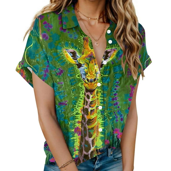 GaThRRgYP Womens Blouses Short Sleeve,Women's Summer Casual Tops V Neck,Women's Floral Print Tops Fashion Button Shirt Female Lapel Neck Loose T-shirt Blouse Multicolor XXL