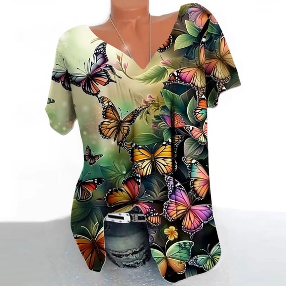 GaThRRgYP Womens Blouses and Tops Dressy,Summer Shirts for Women Short Sleeve,Women Plus Size Short Sleeves V-Neck Print Blouse Pullover Short Sleeve Blouses Green M