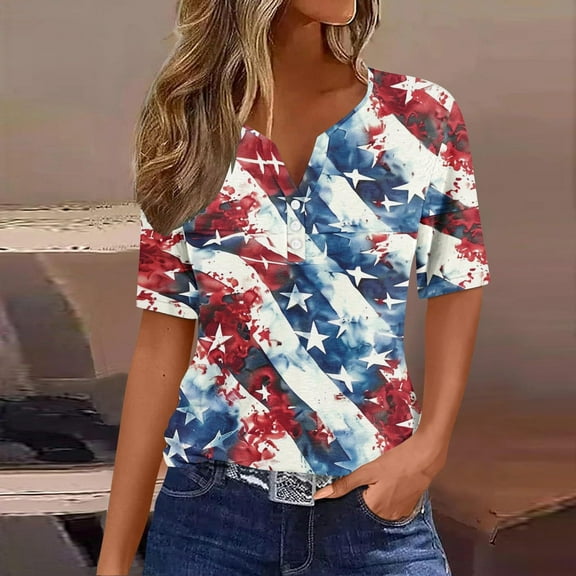 GaThRRgYP Womens Blouses and Tops Dressy,Ladies' Independence Day Printed Button Up Three Quarter Sleeve 3/4 Sleeve V-neck Top/shirt Blue XXXL