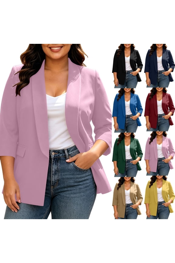Womens Cardigans Dressy Casual Plus Size Women's Solid Color Plus Size Open-front Lapel Pocket Three-quarter Sleeve with Padded Shoulder Straps and Lining Casual Office Suit Jacket Black L