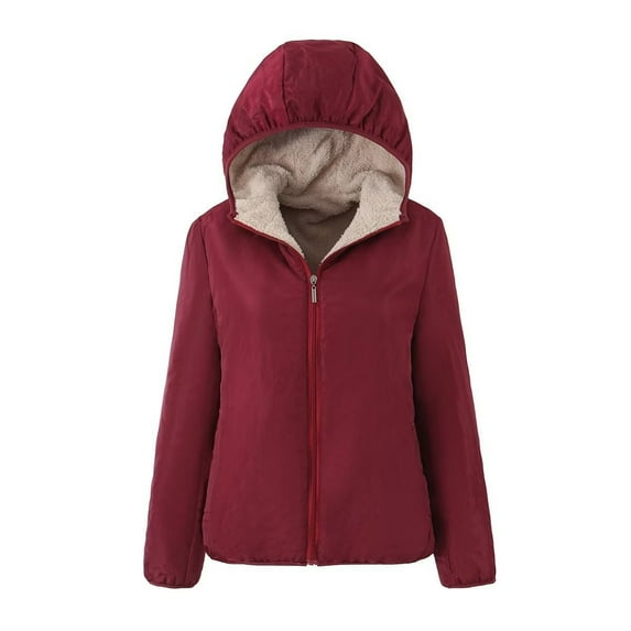 GaThRRgYP Womens Coats and Jackets,Women's Slim Versatile Hooded Plush Warm Lamb Fleece Coat Cotton Coat Wine XL