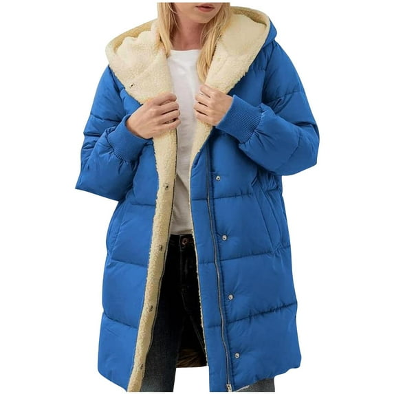 GaThRRgYP Womens Coats with Hoods,Plus Size Outerwear,Women's Winter Casual Fashion Solid Color Pocket Reversible Long Cotton Coat Blue XXXL