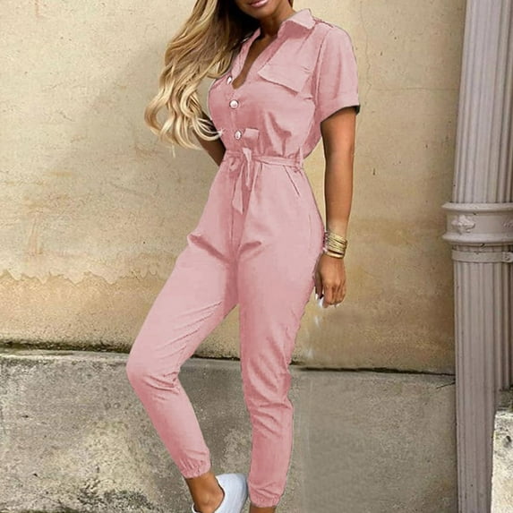 Black*Friday Clearance Items under $5 GaThRRgYP Womens Denim Pants,Women Fashion Solid Color Casual Lapel Belt Short Sleeve Overalls
