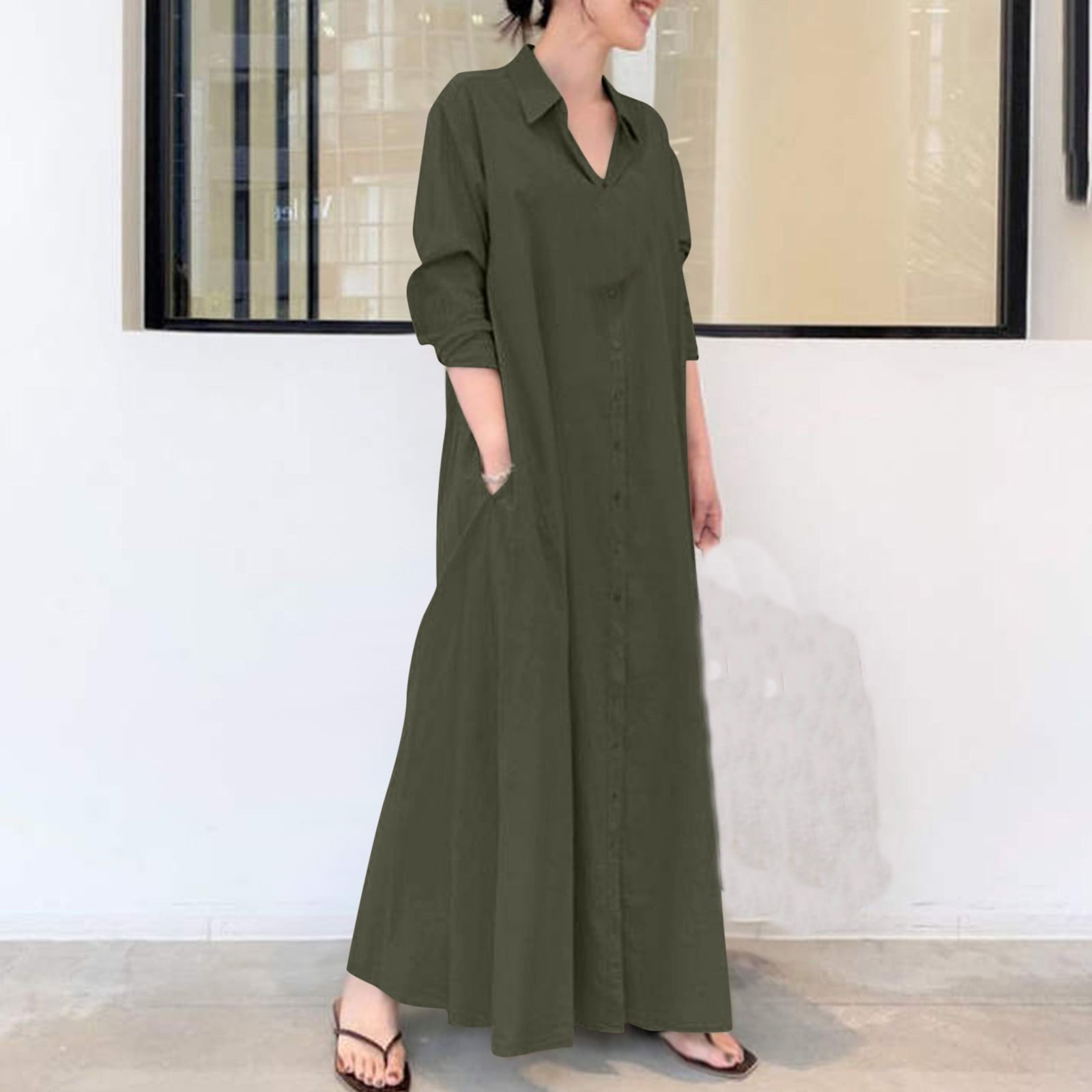 Women Army Green Lace Up Button Linen Dress Summer GG051 main image 0
