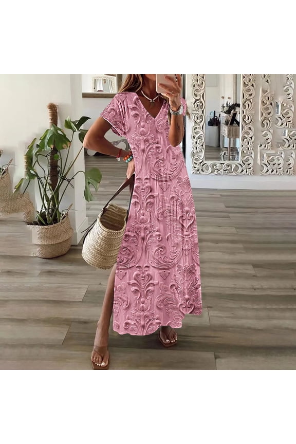 Womens Dresses Plus Size formal,Womens Spring and Summer V-Neck Solid Casual Short Sleeved Long Dress Pink XXXL