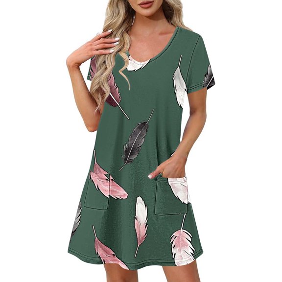 GaThRRgYP Womens Dresses for Wedding Guest,Women's Fashion Summer Print Short-sleeved V-neck Casual Dress Green M