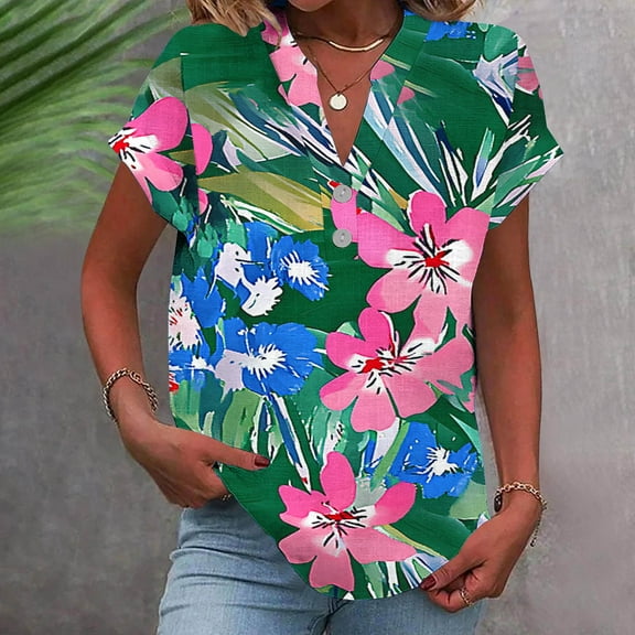 GaThRRgYP Womens Dressy Tops Casual Shirts,Women Casual Printed Short Sleeve Button Home V-Neck T-shirt Blouses Green S