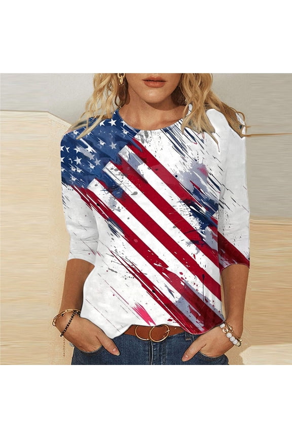 Womens Floral Tops for $5 Tops,Ladies' Independence Day Printed Round Neck Three Quarter Sleeve 3/4 Sleeve T-shirt Loose White M