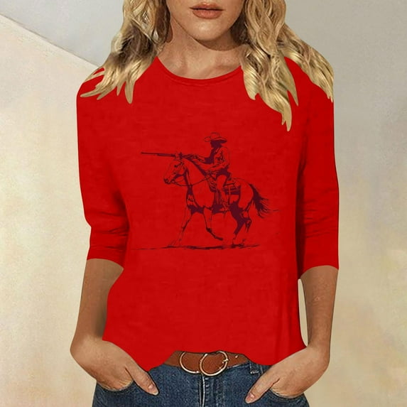 GaThRRgYP Womens Hoodies Plus Size,Women's New 3/4 Sleeve Western Style Printed Casual Top T-shirt Red S