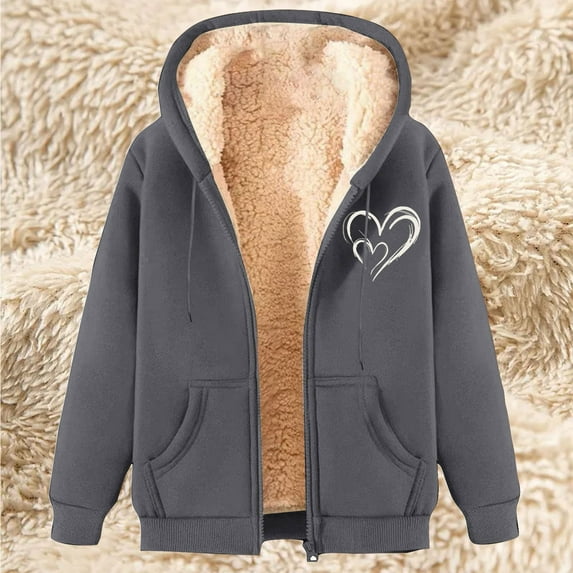 GaThRRgYP Womens Jackets Lightweight Plus Size,Women's New Fashionable Printed Fleece Hooded Sweatshirt Jacket Dark Gray M