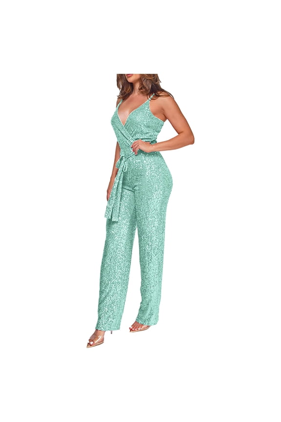 Womens Jumpsuits and Rompers Plus Size,Rompers for Women Plus Size,Women's Solid Color High-Waisted Sleeveless Off-The-Shoulder Sequin Slim Long Sequin Romper Mint Green XL