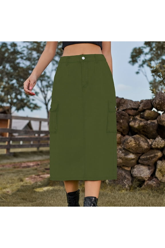 Womens Long Cargo Skirt with Pockets,Women's Spring and Summer Denim Work Dress Pocket Skirt Casual Mid-length Skirt