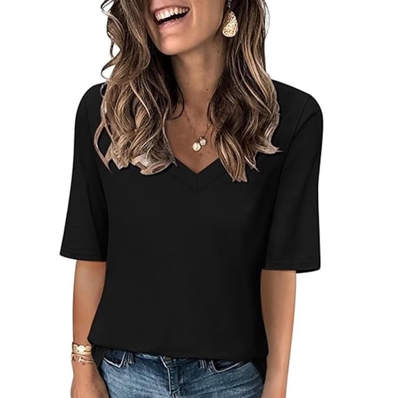 GaThRRgYP Womens Long Sleeve Shirts,Women's Fashion Tees Casual V-neck Loose Cute T Shirt 1/2 Sleeve Ladies Top Black M