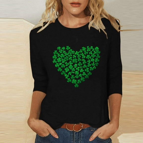 GaThRRgYP Womens Long Sleeve Shirts,Women's St. Patrick's Day Printed Crew Neck 3/4 Sleeve T-Shirt Loose Tops Black L