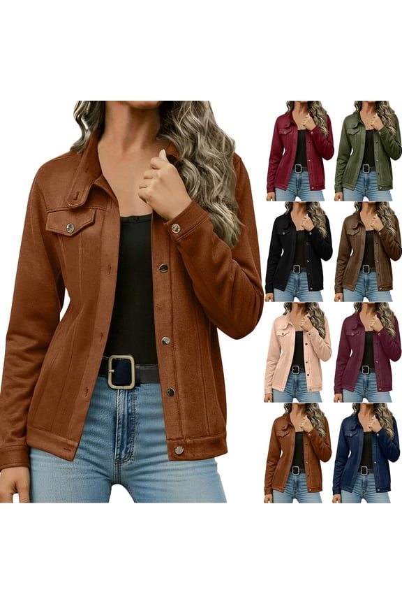 Womens Oversized Jean Jacket Women's Solid Color Fashion Jacket Leather Coat Deerskin Velvet Temperament Neck Short Coat Brown S