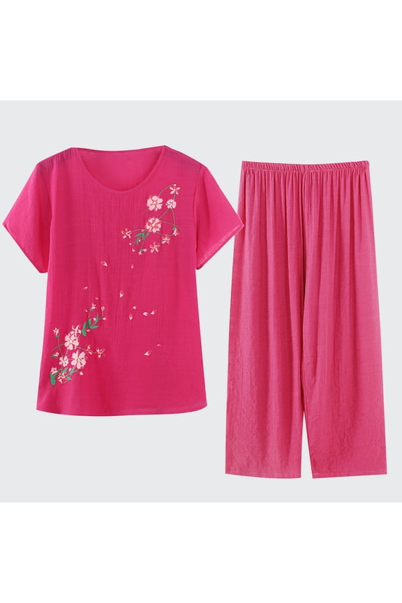 Womens Pajamas Sets Plus Size,Women Summer Casual Two Piece Suit Pajamas Short Sleeved Round Neck Top/Shirt Set Cotton Silk Suit Large Size Comfortable Button Pocket