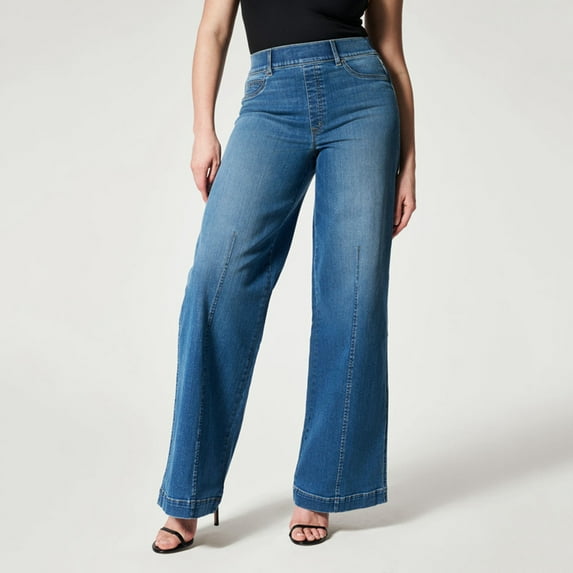 GaThRRgYP Womens Pants,Women's Wide Legs Mid Waist Elastic Washed Pockets Denim Pants