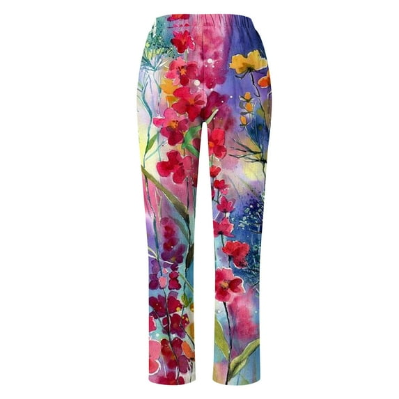 GaThRRgYP Womens Pants Clearance,Womens Sweatpants,Women's Summer Printed Cotton Pocket Straight Sleeve Casual Elastic Waist Loose Pants