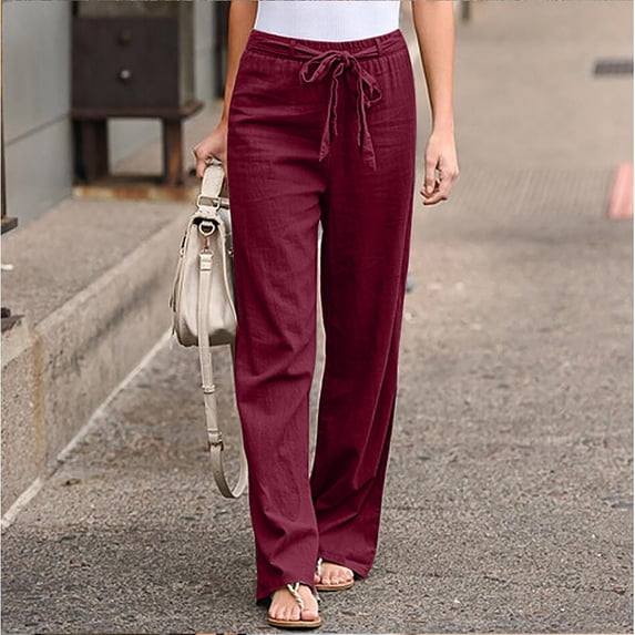 GaThRRgYP Womens Pants Clearance under $5,Women Casual Solid Color Bandage Pockets Elastic Waist Comfortable Straight Pants