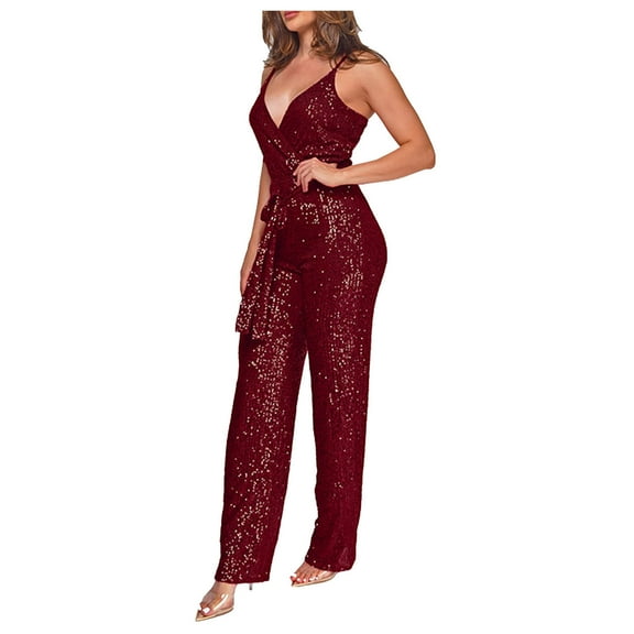 GaThRRgYP Womens Pants Elastic Waist,Women's Solid Color High-Waisted Sleeveless Off-The-Shoulder Sequin Slim Long Sequin Romper Wine L