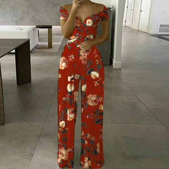 GaThRRgYP Womens Pants Plus Size,Women's Spring and Summer Off Shoulder Hollow Printed Style Leisure High Waist Jumpsuits