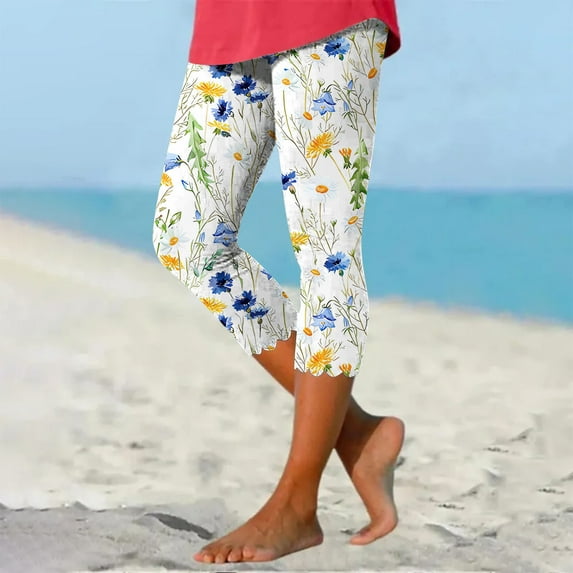 Black*Friday Deals Womens Clearance GaThRRgYP Womens Pants,Quality High Waisted Leggings for Women,Women's Summer Casual Elastic Waist Printed Cropped Beach Pants
