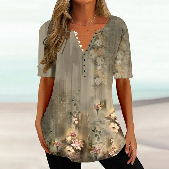 GaThRRgYP Summer Tops for Women,Womens Dressy Tops Casual Shirts,Women's Fashion V-Neck Print Casual Loose Short Sleeve Top Short Sleeve V-Neck Top/Shirt