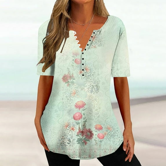 GaThRRgYP Spring Tops for Women 2025,Womens Summer Tops,Women's Fashion V-Neck Print Casual Loose Short Sleeve Top Short Sleeve V-Neck Top/Shirt